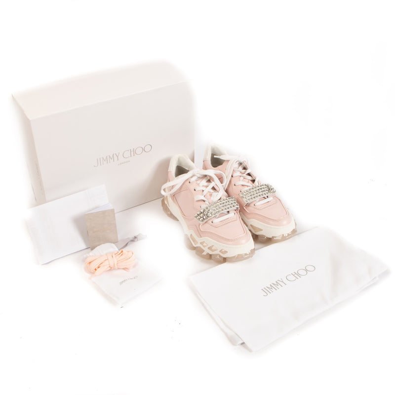 Shop safe online at Labellov in Antwerp, Brussels and Knokke these 100% authentic second hand Jimmy Choo Powder Pink Crystal Strap Sneakers - size 38 1/2