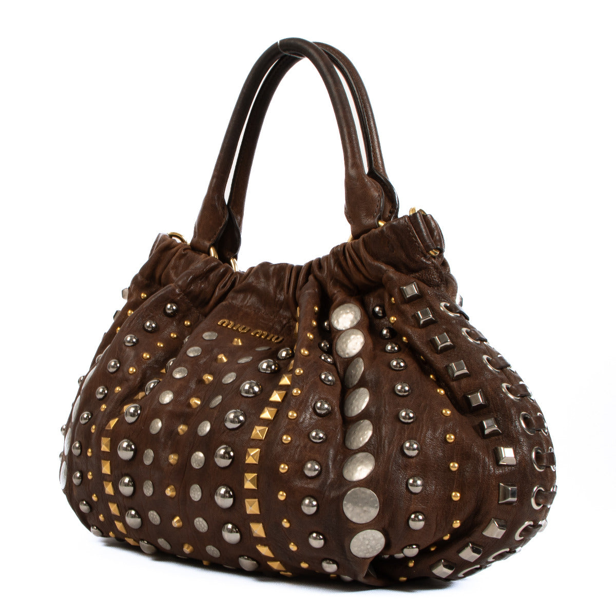 Miu Miu Brown Studded Shoulder Bag for the best price at Labellov secondhand luxury