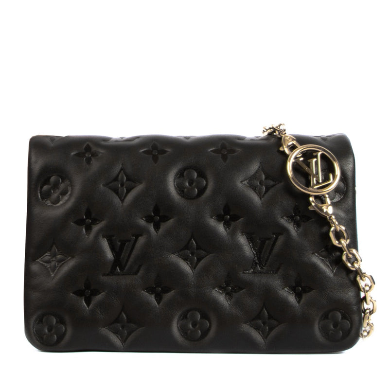 Shop safe online at Labellov in Antwerp, Brussels and Knokke this 100% authentic second hand Louis Vuitton Black Monogram Embossed Lambskin Pochette Coussin Crossbody