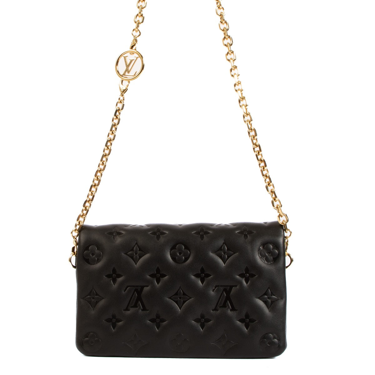 Shop safe online at Labellov in Antwerp, Brussels and Knokke this 100% authentic second hand Louis Vuitton Black Monogram Embossed Lambskin Pochette Coussin Crossbody