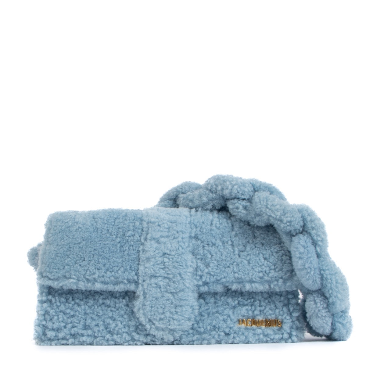 Shop safe online at Labellov in Antwerp, Brussels and Knokke this 100% authentic second hand Jacquemus Light Blue Shearling Le Bambidou Bag