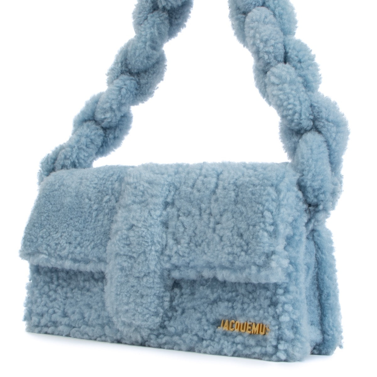 Shop safe online at Labellov in Antwerp, Brussels and Knokke this 100% authentic second hand Jacquemus Light Blue Shearling Le Bambidou Bag
