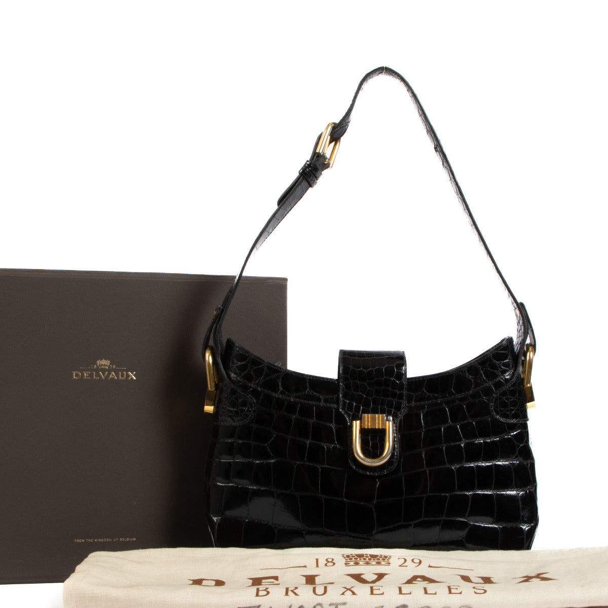 Delvaux 1980s Black Shiny Crocodile Shoulder Bag
