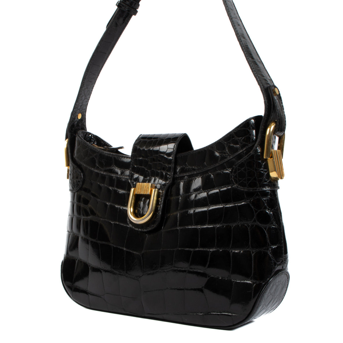 Delvaux 1980s Black Shiny Crocodile Shoulder Bag
