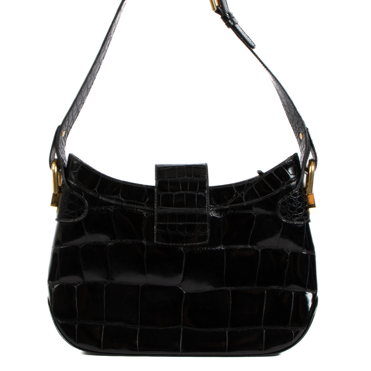 Delvaux 1980s Black Shiny Crocodile Shoulder Bag