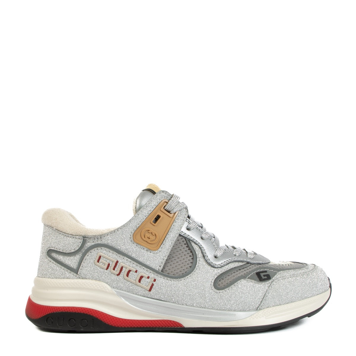 Shop safe online at Labellov in Antwerp, Brussels and Knokke these 100% authentic second hand Gucci Silver Glitter Ultrapace Sneakers - size 39,5