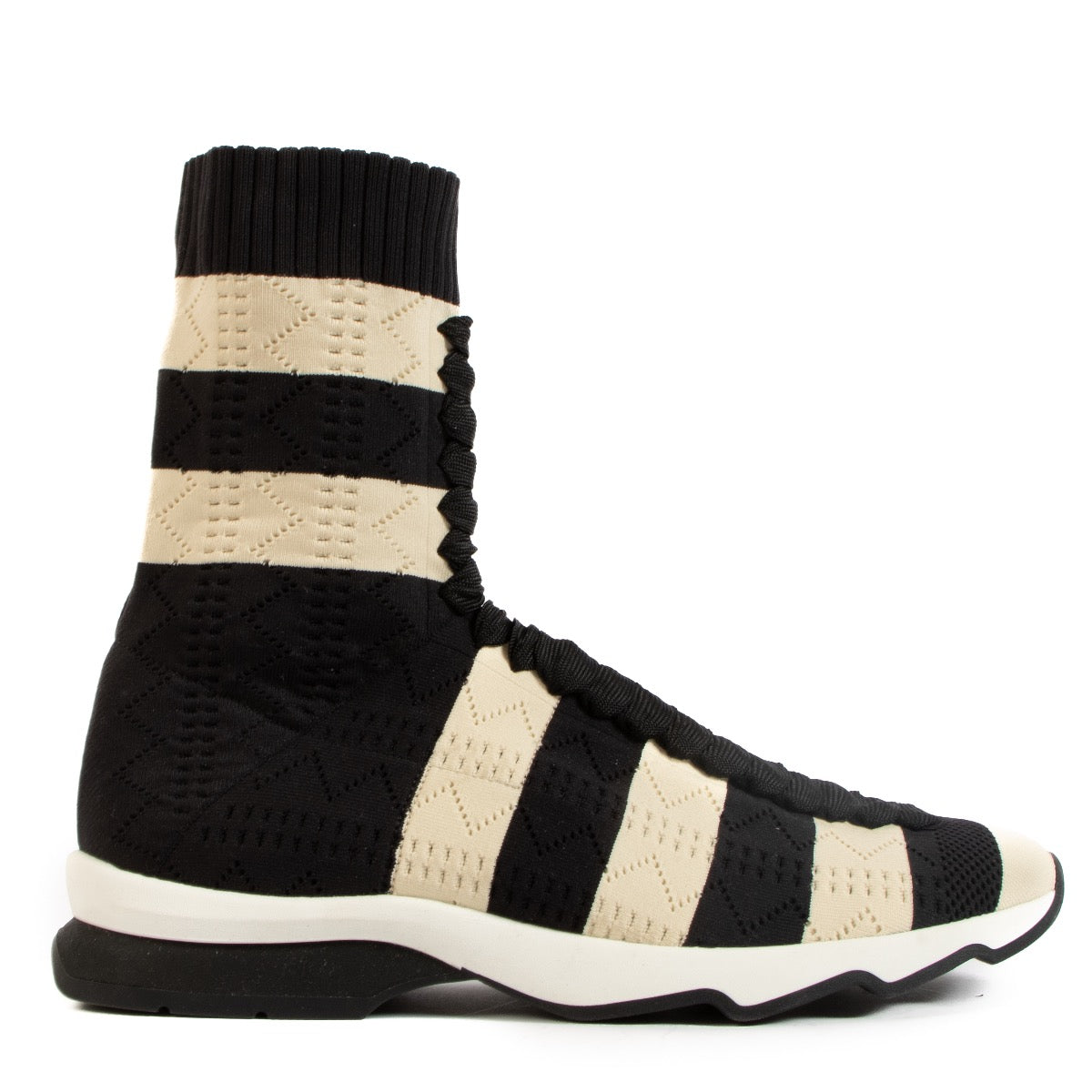 Shop safe online at Labellov in Antwerp, Brussels and Knokke these 100% authentic second hand Fendi Striped Black and Cream Sock Sneakers - size 41