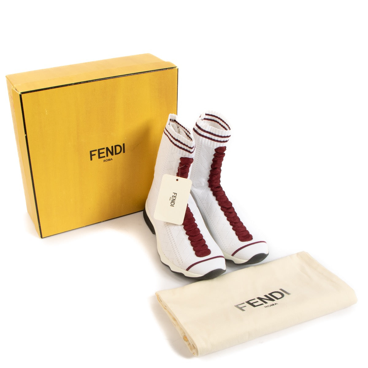 Shop safe online at Labellov in Antwerp, Brussels and Knokke these 100% authentic second hand Fendi White and Burgundy Sock Sneakers - size 40