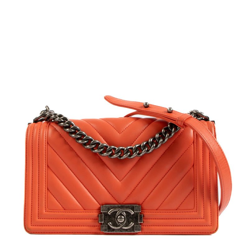 Chanel Coral Red Chevron Boy Medium Shoulder Bag