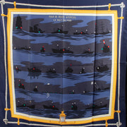 Shop safe online at Labellov in Antwerp, Brussels and Knokke this 100% authentic second hand Hermès Blue 'Feux De Route Aperçus La Nuit, En Mer' Silk Carré 90 Scarf