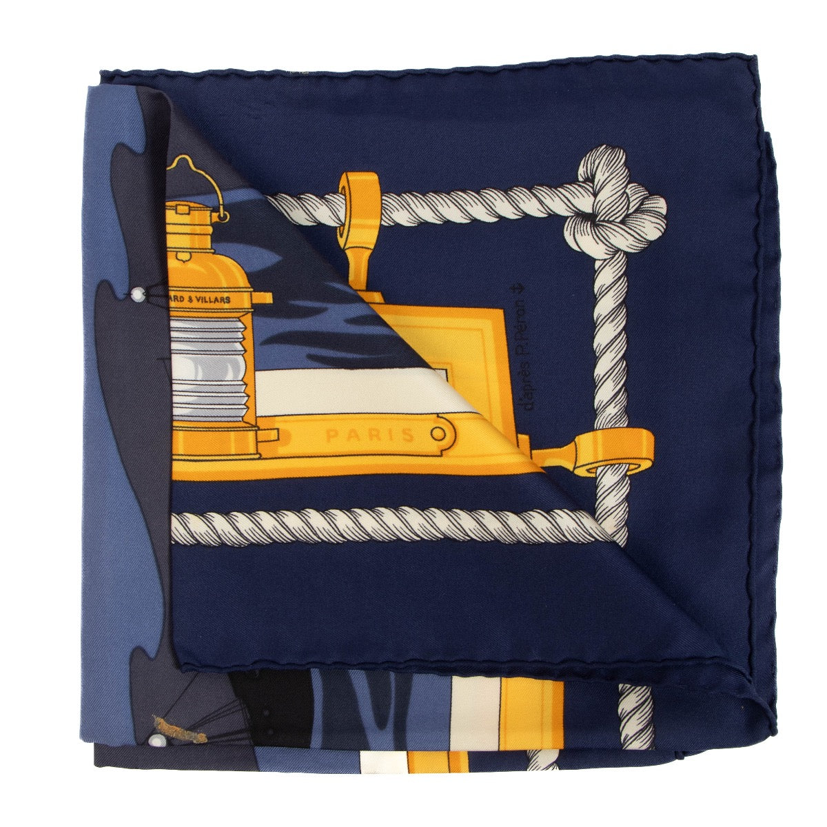 Shop safe online at Labellov in Antwerp, Brussels and Knokke this 100% authentic second hand Hermès Blue 'Feux De Route Aperçus La Nuit, En Mer' Silk Carré 90 Scarf
