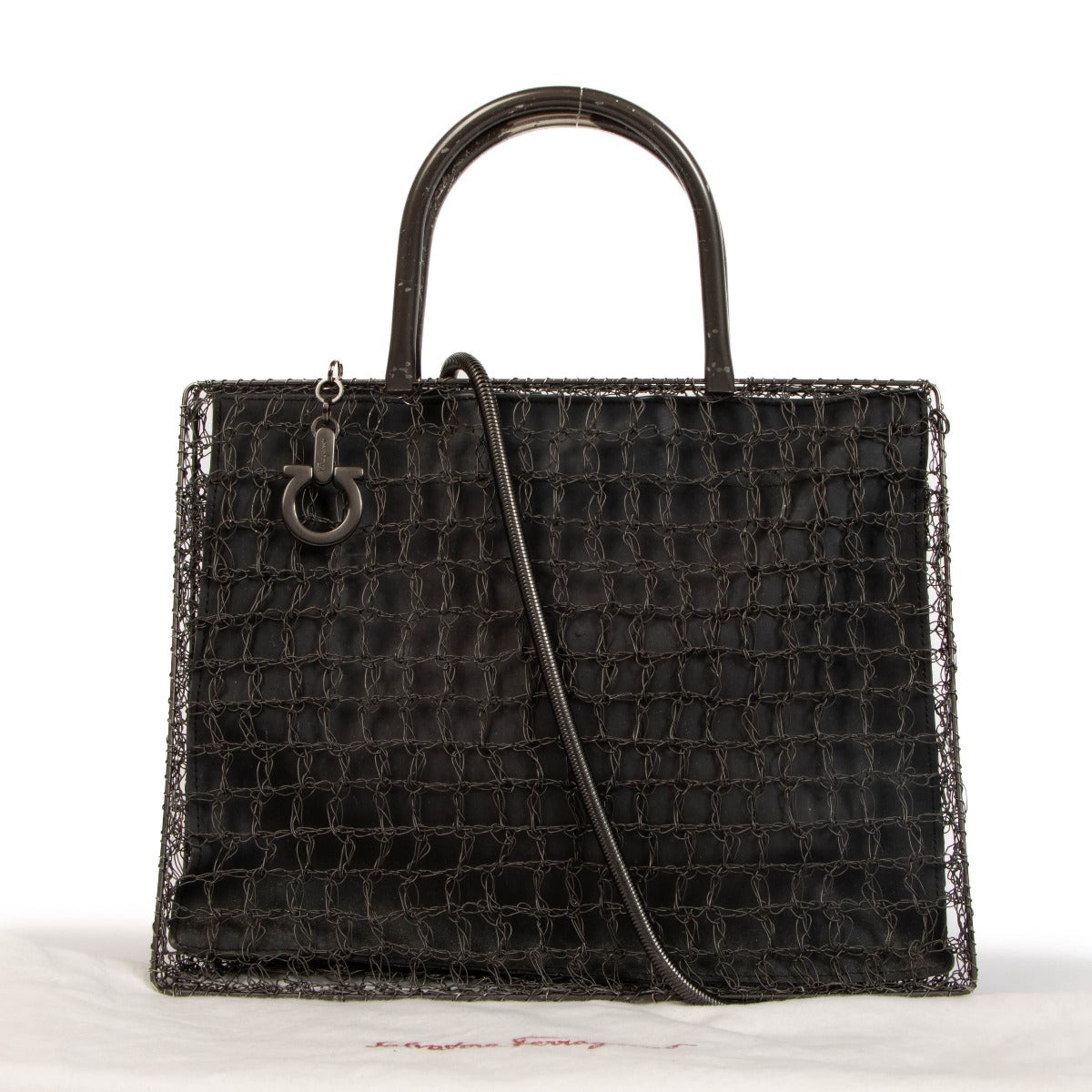 Ferragamo Grey Crochet Metal Mesh Crossbody Bag
