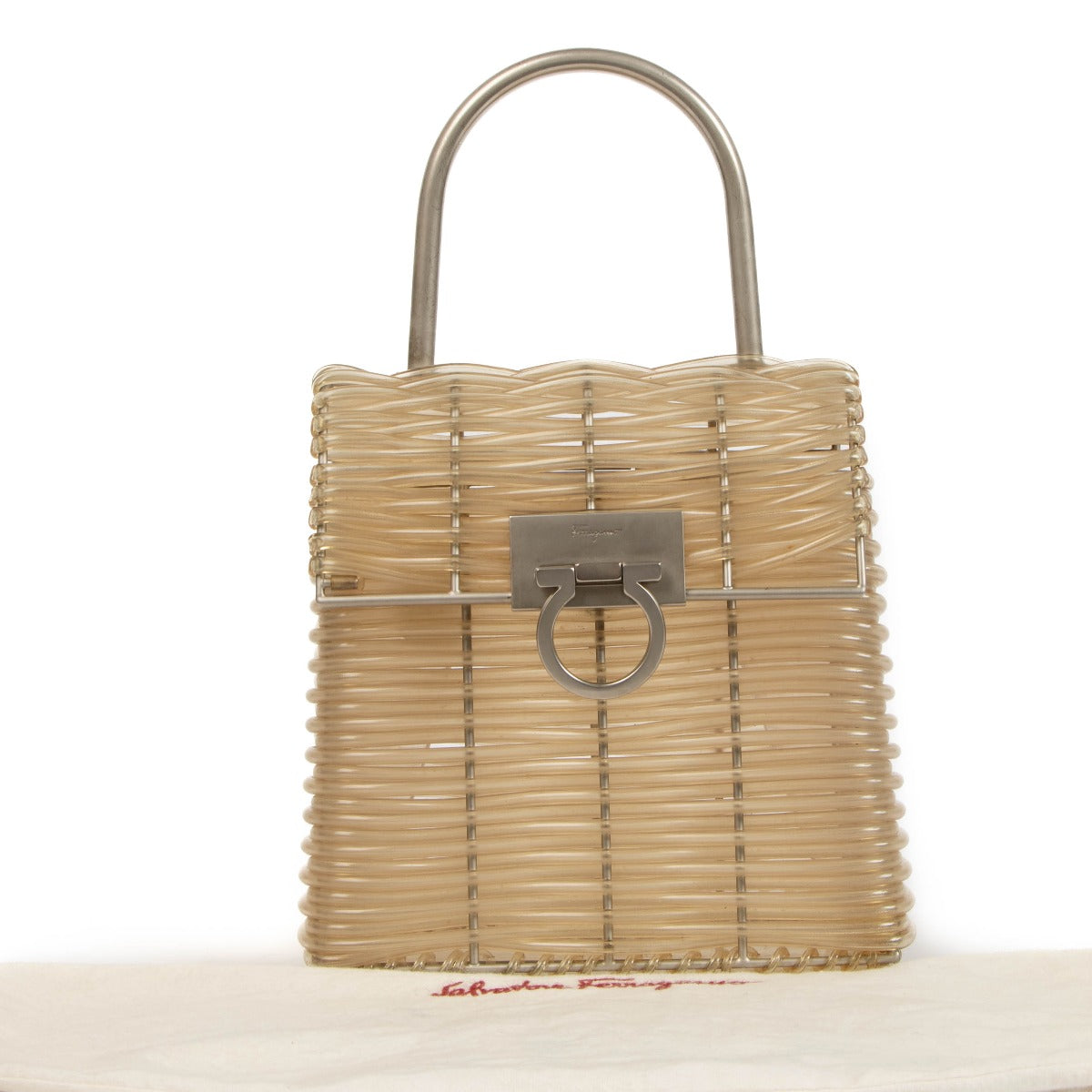 Buy Special iconic Salvatore Ferragamo handbag from plastic PVC tubes and silver metal frame at Labellov Antwerp, Knokke, Brussel