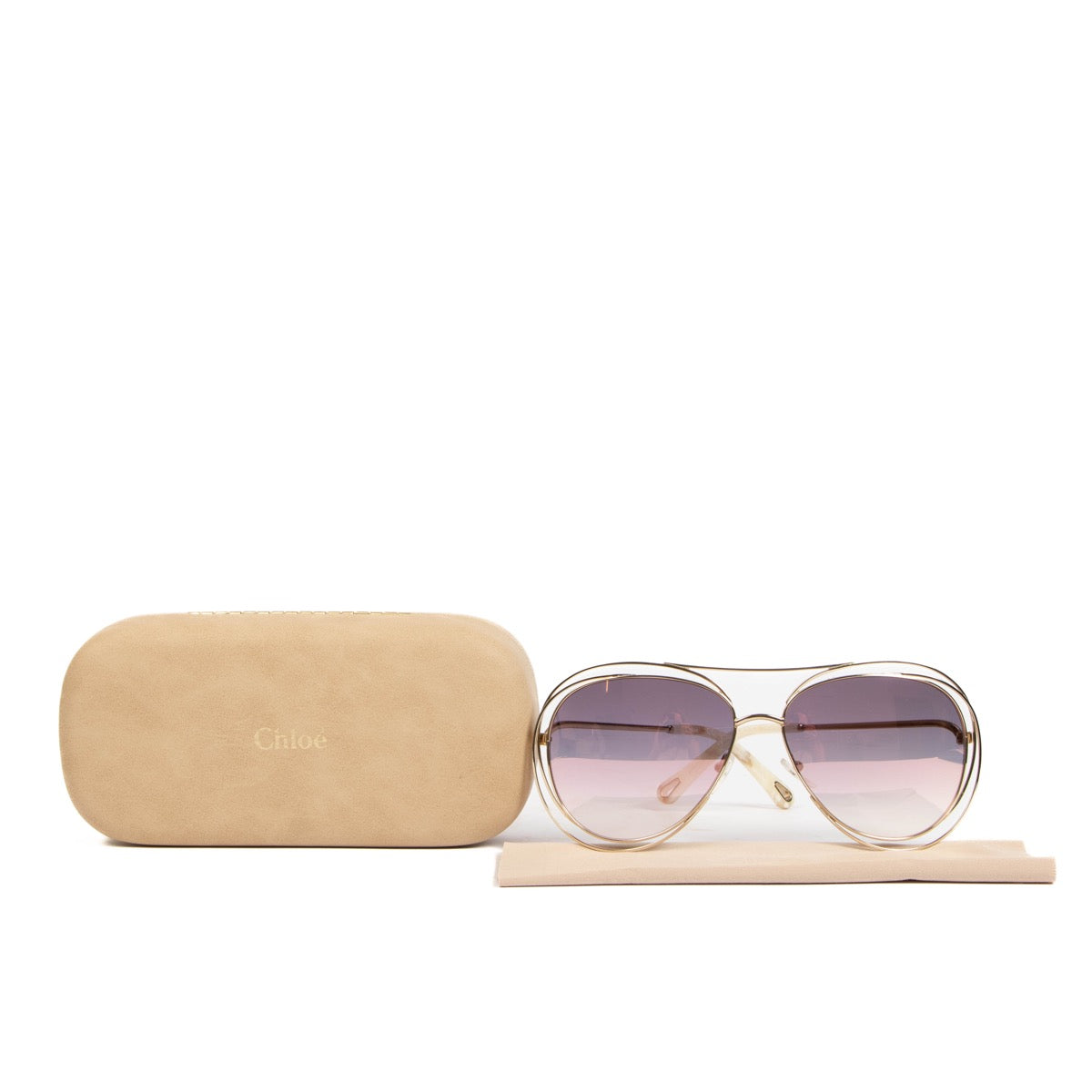 Shop safe online at Labellov in Antwerp, Brussels and Knokke these 100% authentic second hand Chloé Pink Oversized Gold Frame Aviator Sunglasses