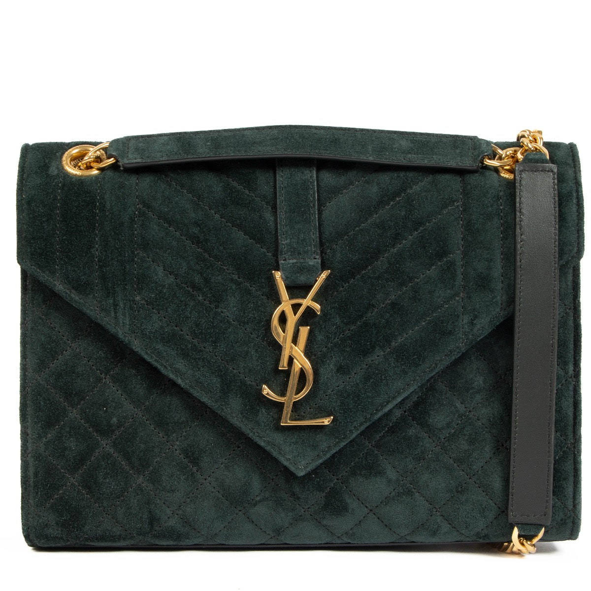 Shop safe online at Labellov in Antwerp, Brussels and Knokke this 100% authentic second hand Saint Laurent Green Suede Medium Envelope Crossbody