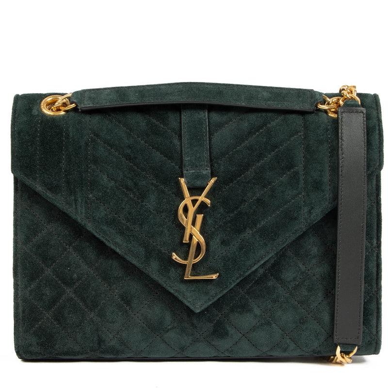 Shop safe online at Labellov in Antwerp, Brussels and Knokke this 100% authentic second hand Saint Laurent Green Suede Medium Envelope Crossbody