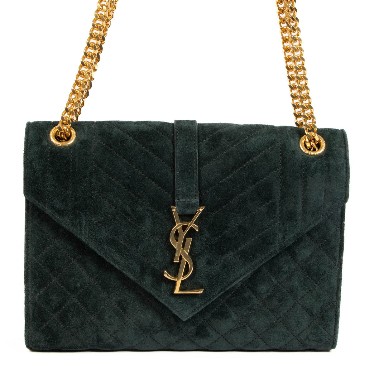 Shop safe online at Labellov in Antwerp, Brussels and Knokke this 100% authentic second hand Saint Laurent Green Suede Medium Envelope Crossbody