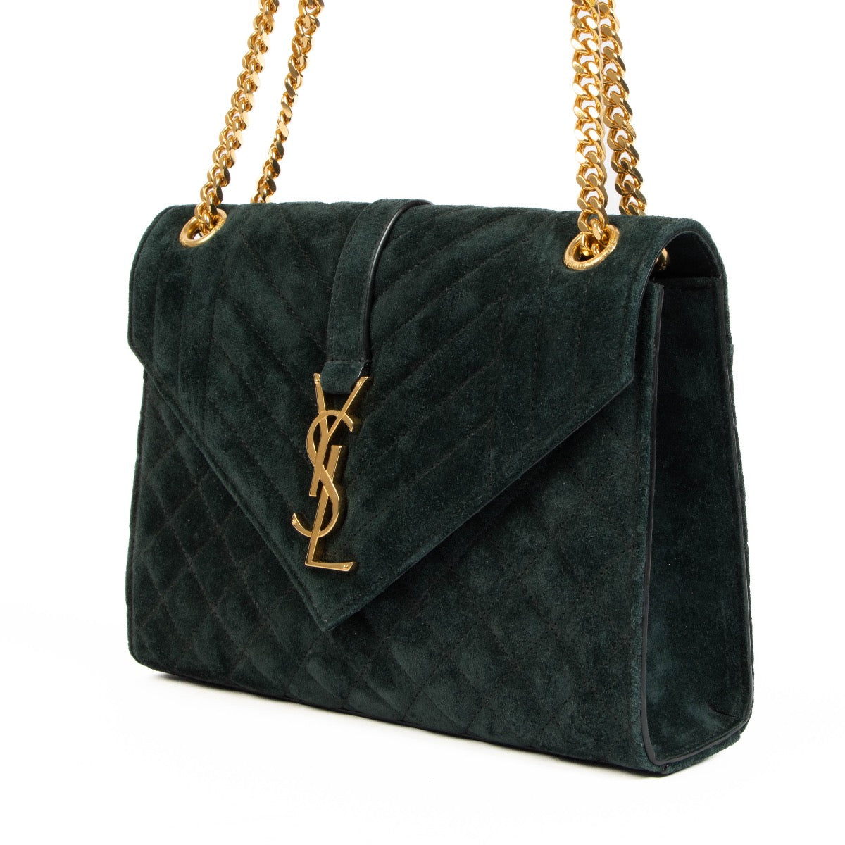 Shop safe online at Labellov in Antwerp, Brussels and Knokke this 100% authentic second hand Saint Laurent Green Suede Medium Envelope Crossbody