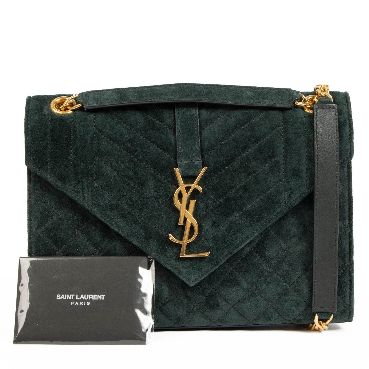 Shop safe online at Labellov in Antwerp, Brussels and Knokke this 100% authentic second hand Saint Laurent Green Suede Medium Envelope Crossbody