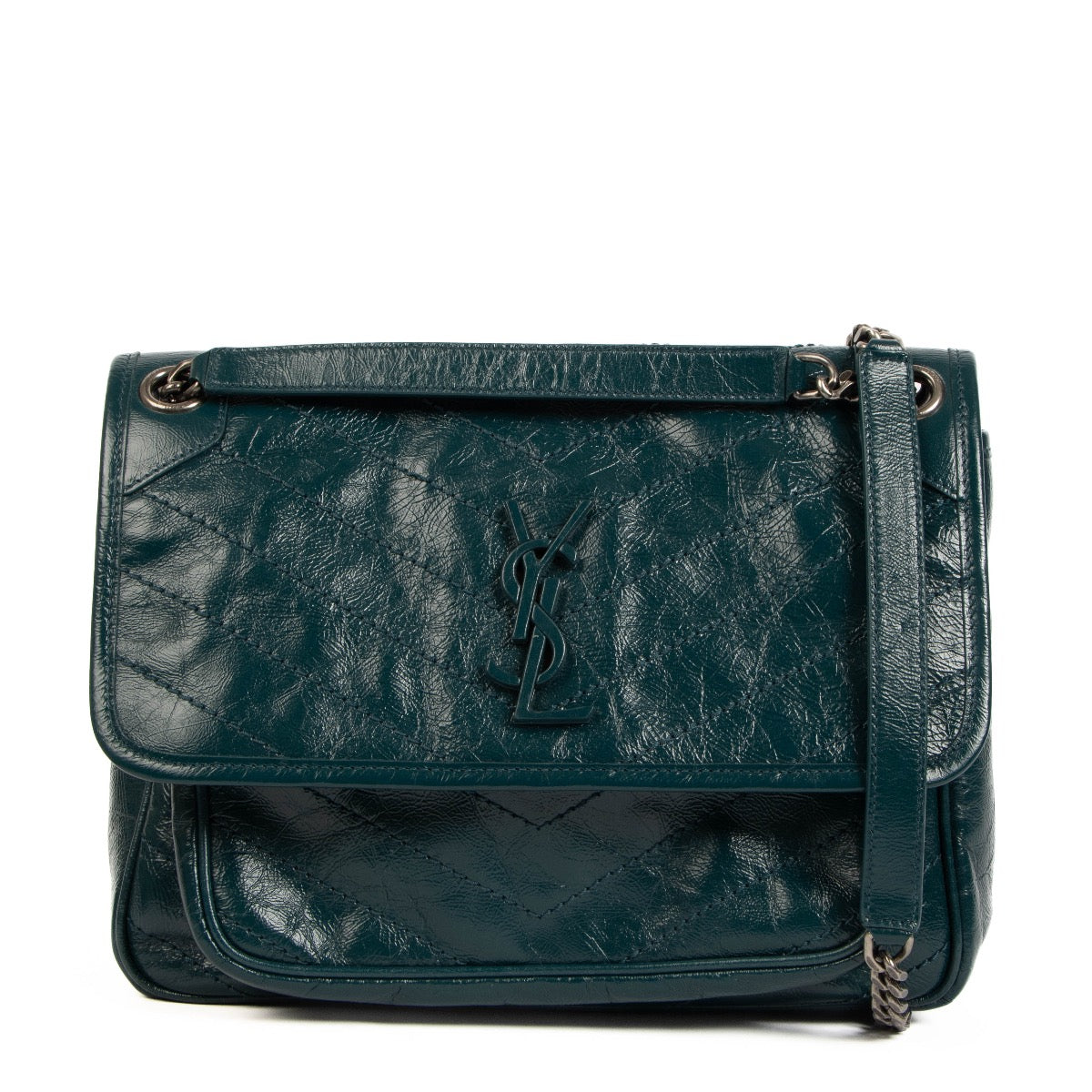 Shop safe online at Labellov in Antwerp, Brussels and Knokke this 100% authentic second hand Saint Laurent Green Leather Medium Niki Crossbody