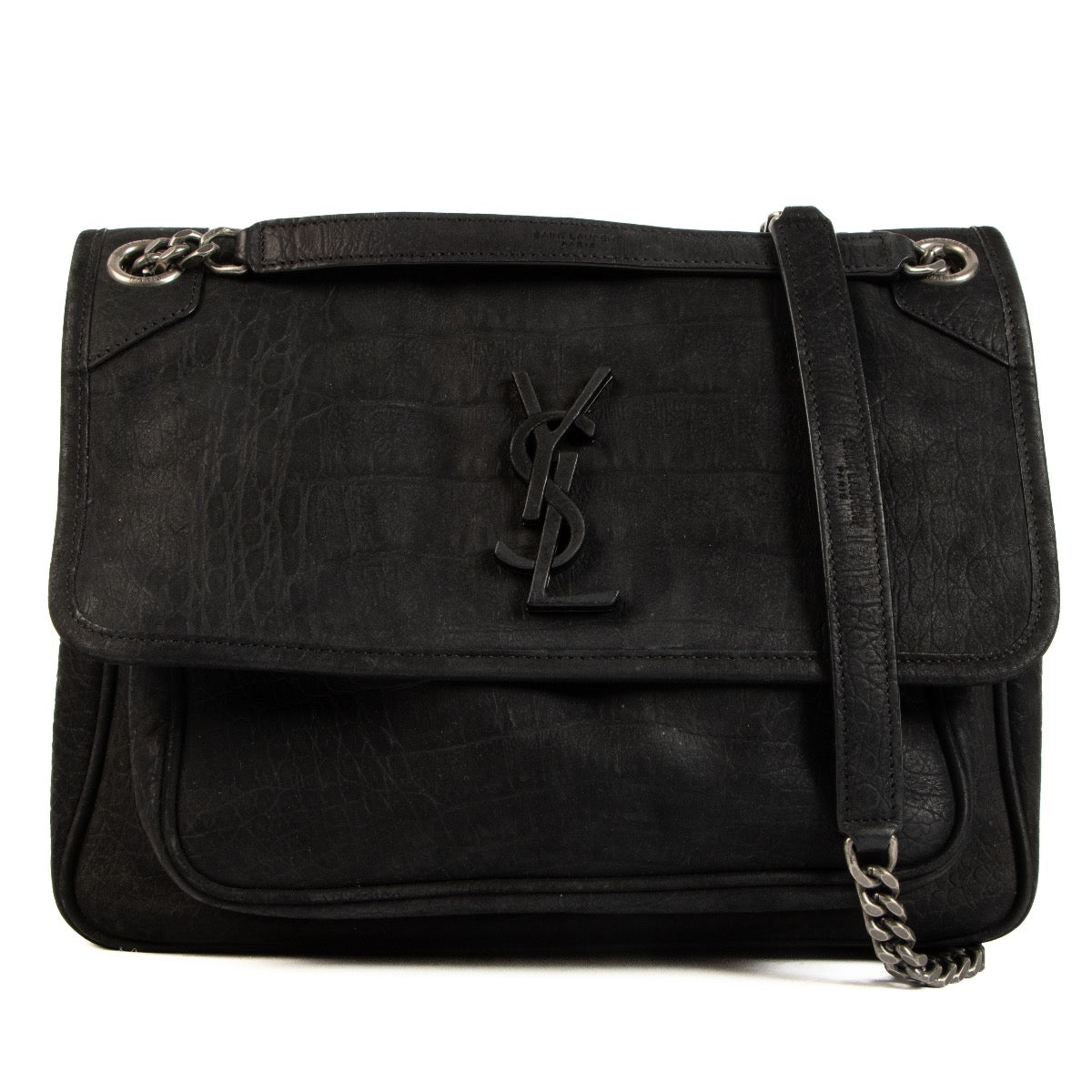 Shop safe online at Labellov in Antwerp, Brussels and Knokke this 100% authentic second hand Saint Laurent Black Croc Embossed Nubuck Medium Niki Bag