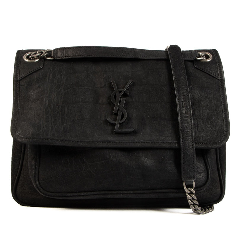 Shop safe online at Labellov in Antwerp, Brussels and Knokke this 100% authentic second hand Saint Laurent Black Croc Embossed Nubuck Medium Niki Bag