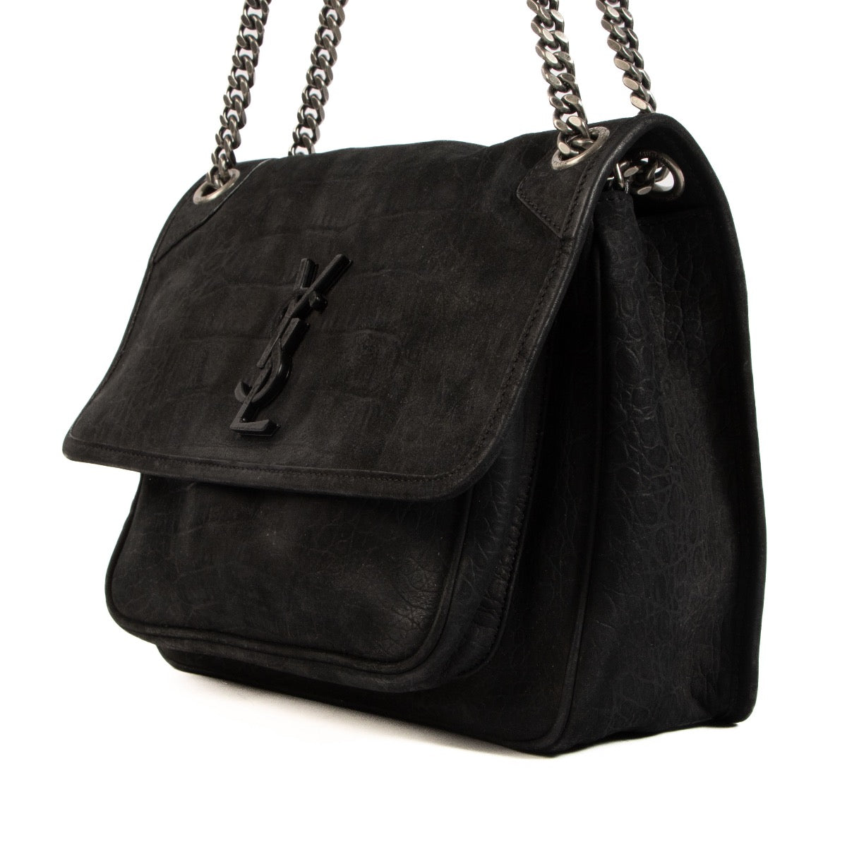 Shop safe online at Labellov in Antwerp, Brussels and Knokke this 100% authentic second hand Saint Laurent Black Croc Embossed Nubuck Medium Niki Bag