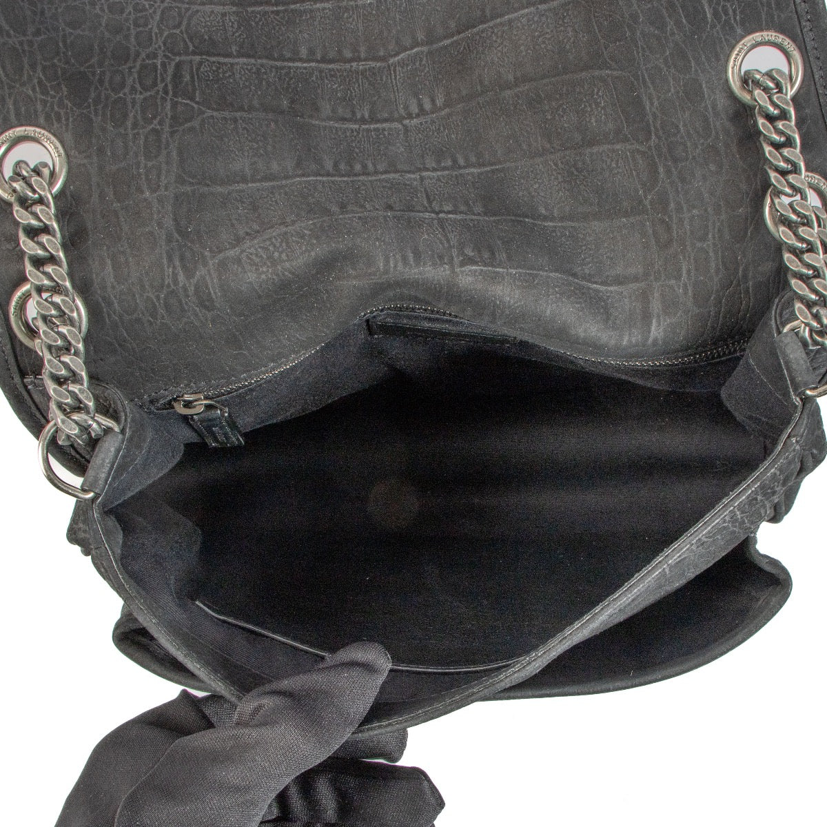 Shop safe online at Labellov in Antwerp, Brussels and Knokke this 100% authentic second hand Saint Laurent Black Croc Embossed Nubuck Medium Niki Bag