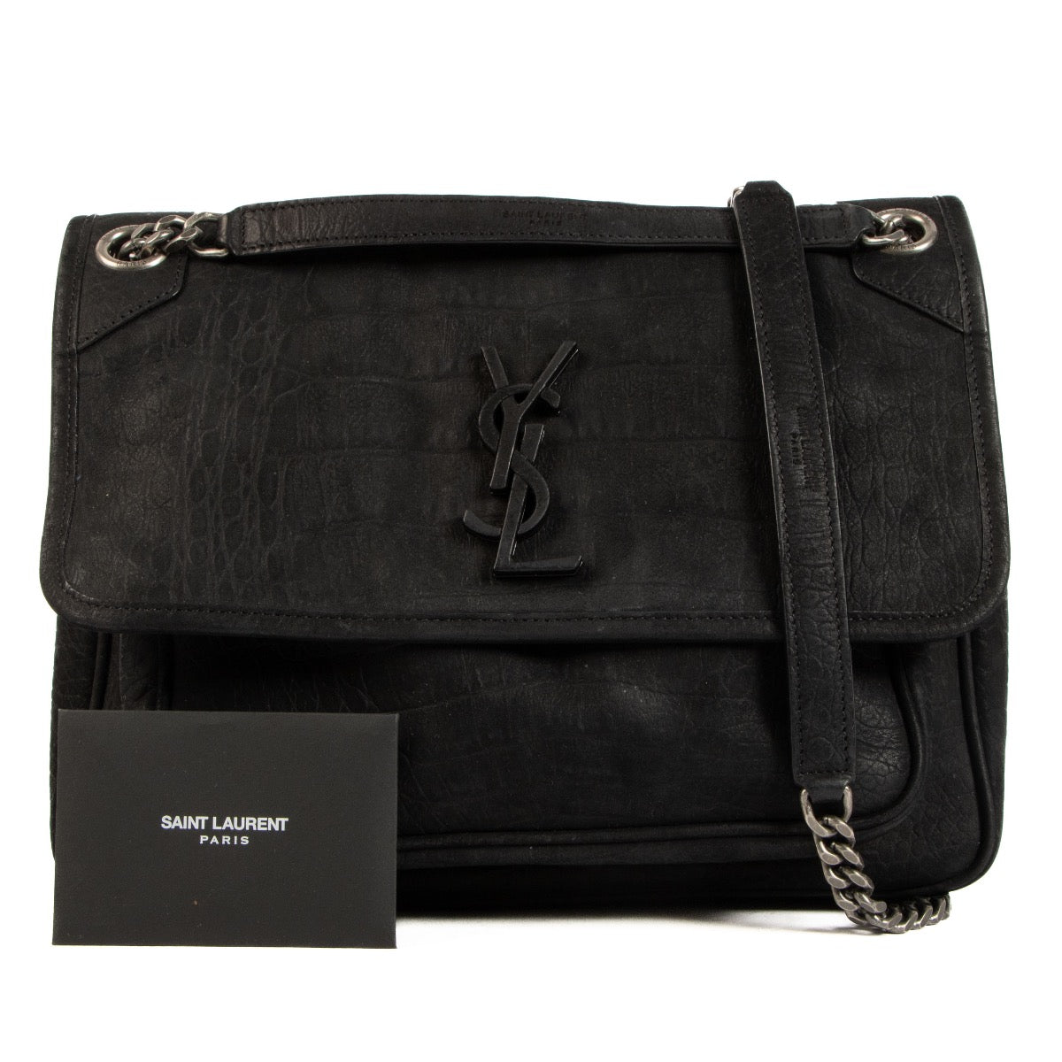 Shop safe online at Labellov in Antwerp, Brussels and Knokke this 100% authentic second hand Saint Laurent Black Croc Embossed Nubuck Medium Niki Bag