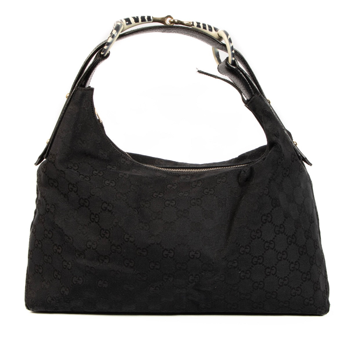 Shop 100% Authentic Second-Hand Gucci Black GG Canvas Zebra Horsebit Hobo Shoulder Bag on labellov.com