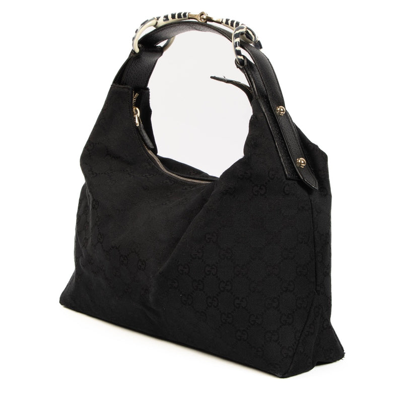 Shop 100% Authentic Second-Hand Gucci Black GG Canvas Zebra Horsebit Hobo Shoulder Bag on labellov.com