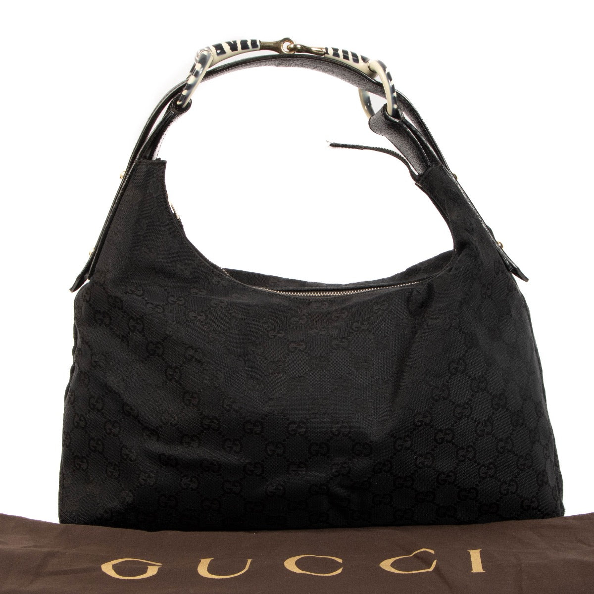 Shop 100% Authentic Second-Hand Gucci Black GG Canvas Zebra Horsebit Hobo Shoulder Bag on labellov.com