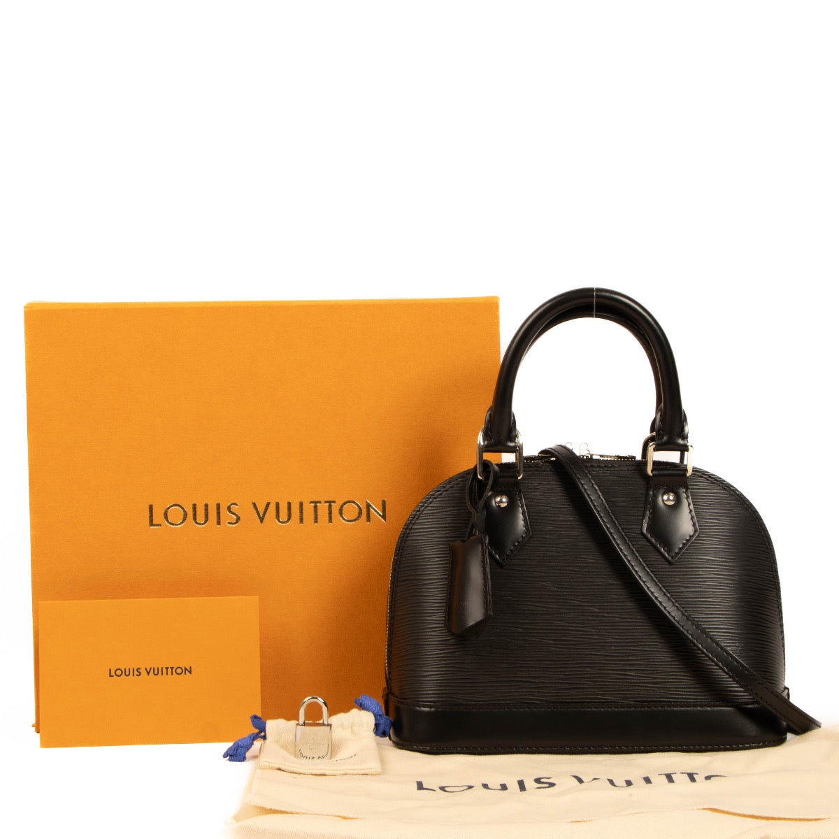 Shop safe online at Labellov in Antwerp, Brussels and Knokke this 100% authentic top handle Louis Vuitton Black Epi Leather Alma BB