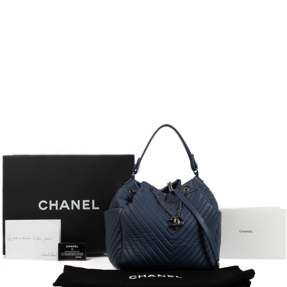 shop 100% authentic second hand Chanel Blue Chevron Deerskin Urban Spirit Chain Bucket Bag on Labellov.com