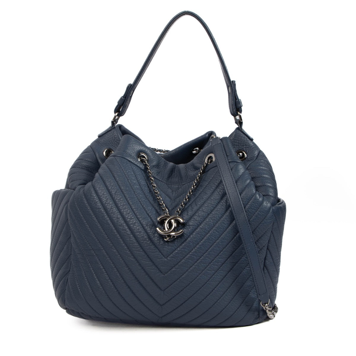 shop 100% authentic second hand Chanel Blue Chevron Deerskin Urban Spirit Chain Bucket Bag on Labellov.com