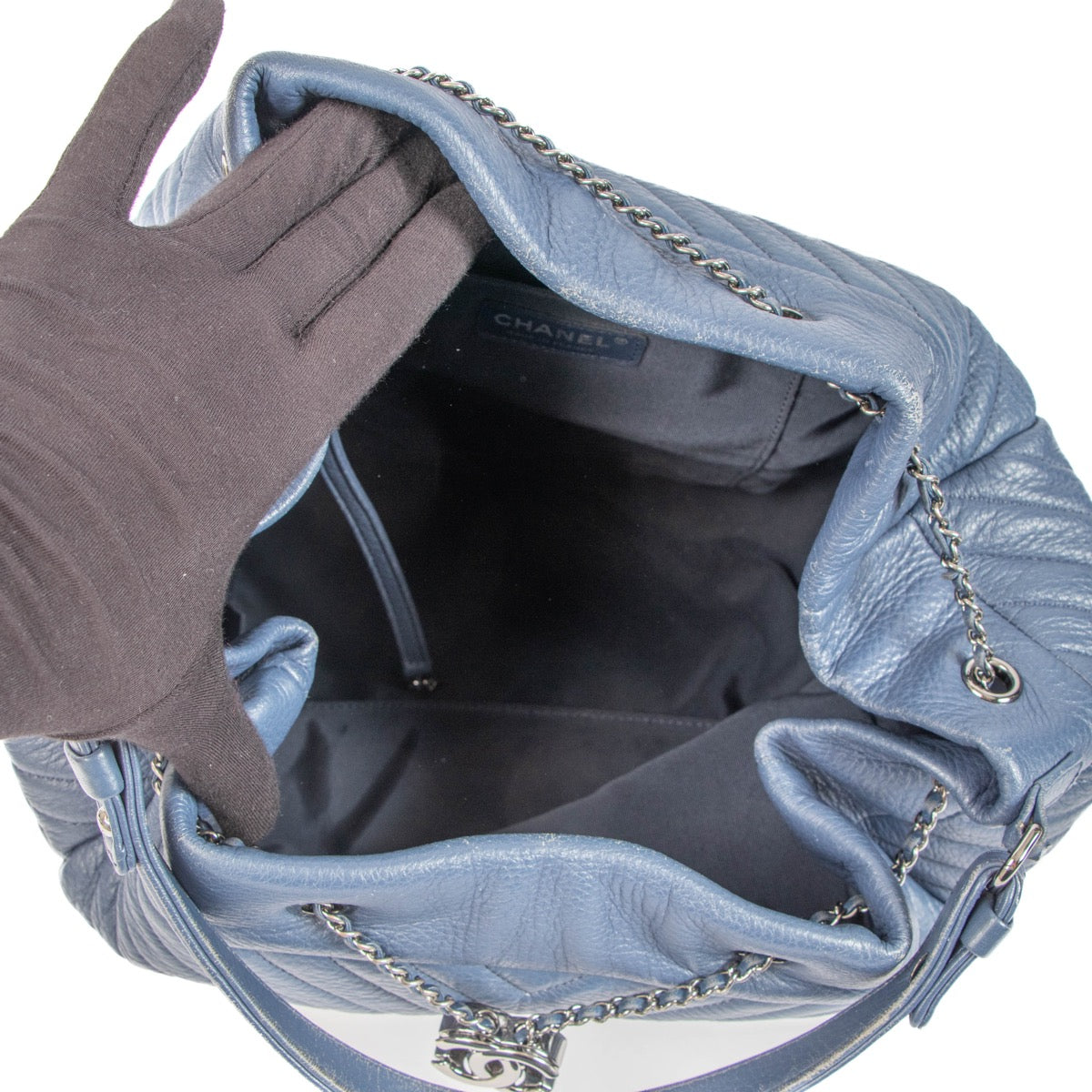 shop 100% authentic second hand Chanel Blue Chevron Deerskin Urban Spirit Chain Bucket Bag on Labellov.com