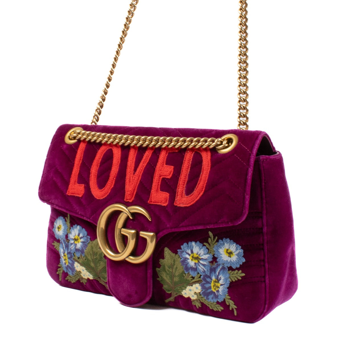 shop 100% authentic second hand Gucci Purple Velvet Loved Embroidered Medium GG Marmont Bag on Labellov.com
