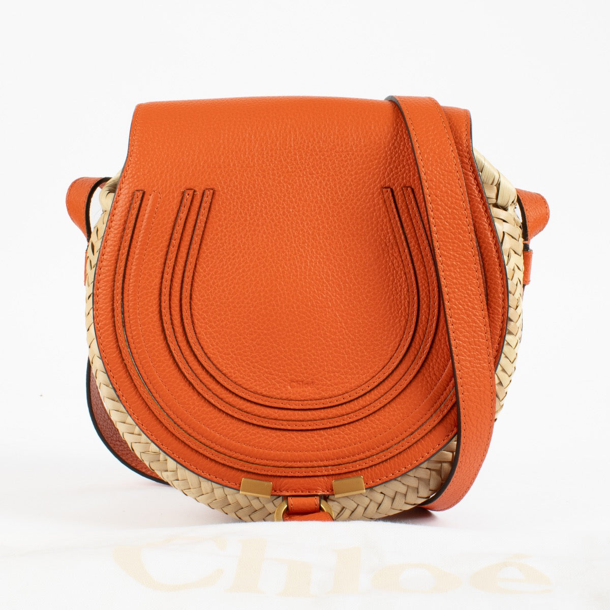 Shop safe online at Labellov in Antwerp, Brussels and Knokke this 100% authentic second hand Chloé Orange Small Marcie Raffia Crossbody Bag