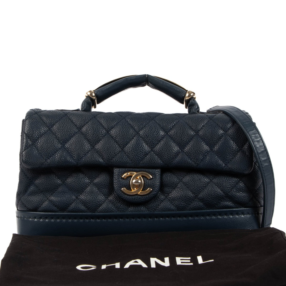 Chanel Navy Blue Caviar Leather Globe Trotter Flap Bag with Handle