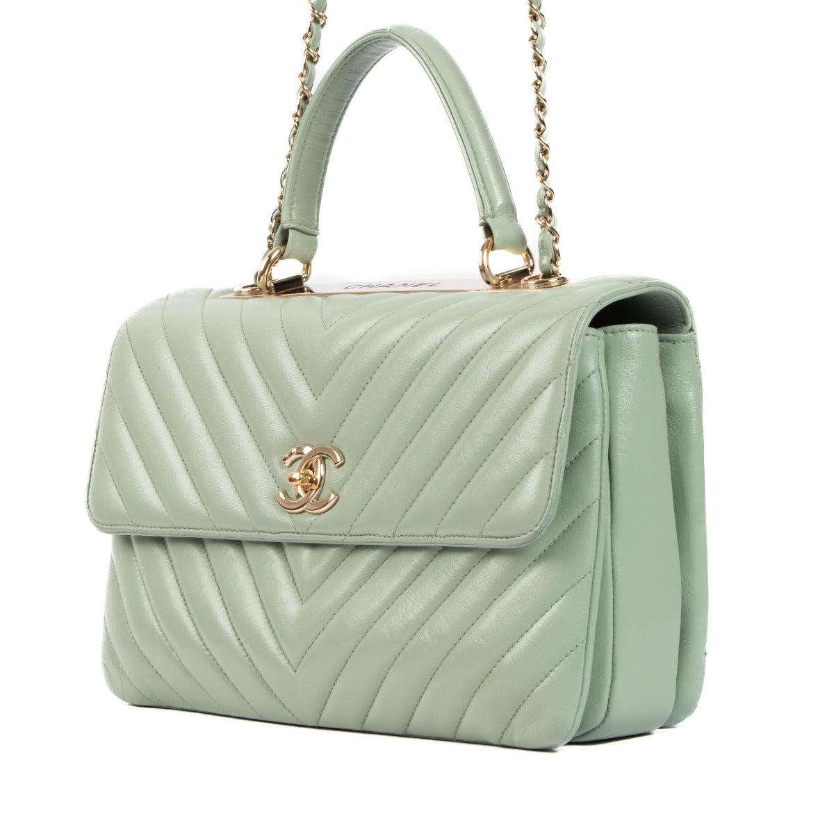 Authentic second hand Chanel Mint Green Chevron Trendy CC Bag on www.labellov.com