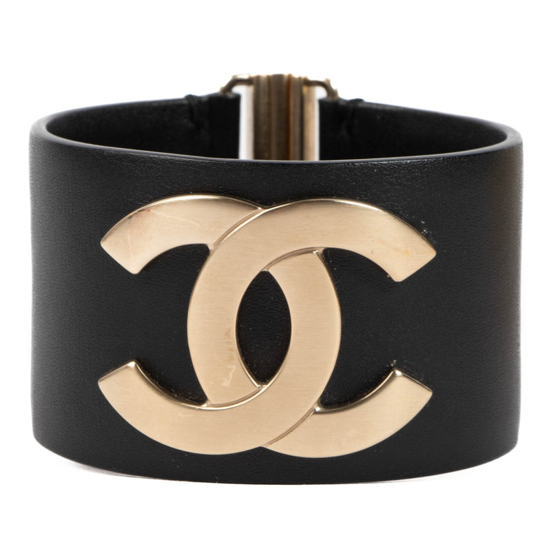 Chanel 18C Black Leather CC Cuff Bracelet