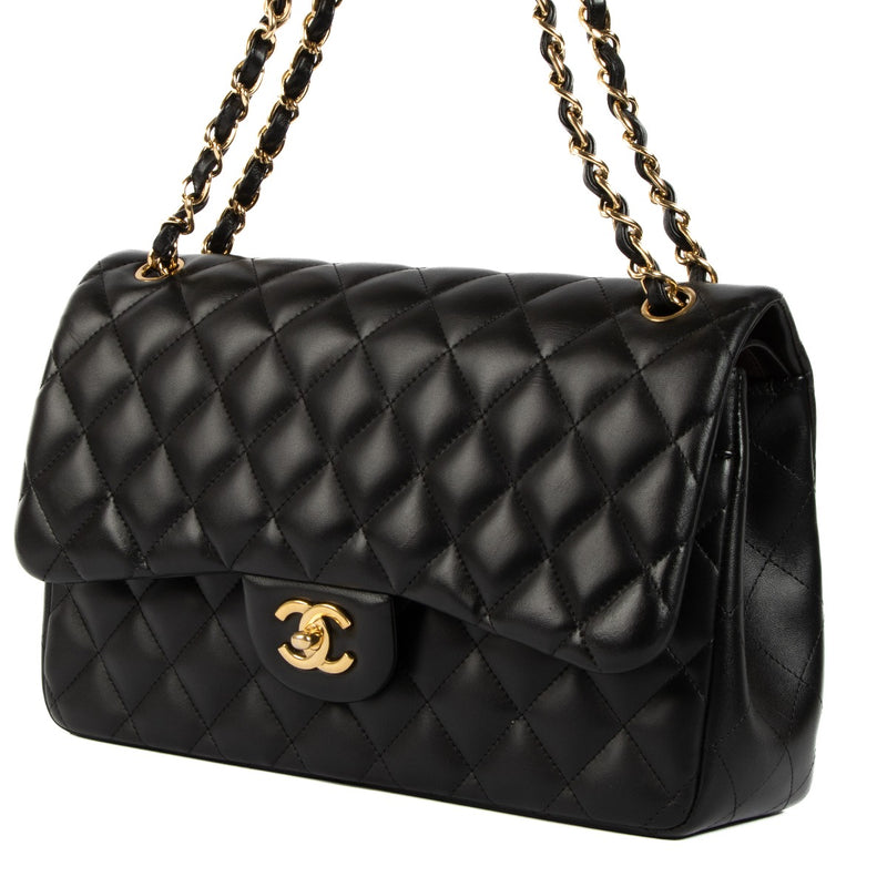 Shop this authentic second hand Chanel Black Lambskin Leather Large Classic Flap Bag on Labellov.com