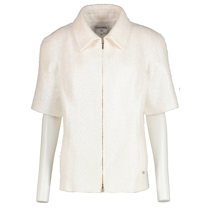 Chanel 19S White Iridescent Tweed Zipper Jacket