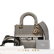 Shop 100% authentic second-hand Christian Dior Black and White Houndstooth Embroidery MM Lady D-Lite Bag on Labellov.com