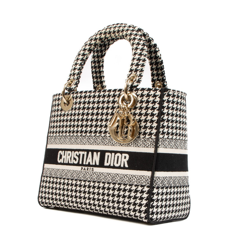 Shop 100% authentic second-hand Christian Dior Black and White Houndstooth Embroidery MM Lady D-Lite Bag on Labellov.com
