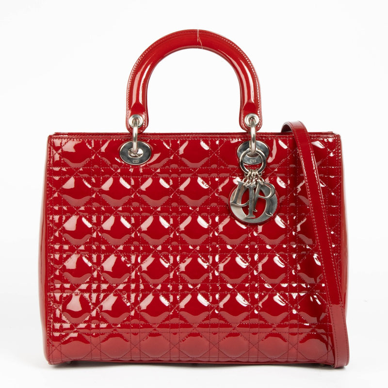 Authentic pre-loved Christian Dior Red Patent Leather Large Lady Dior Top Handle Bag on Labellov.com
