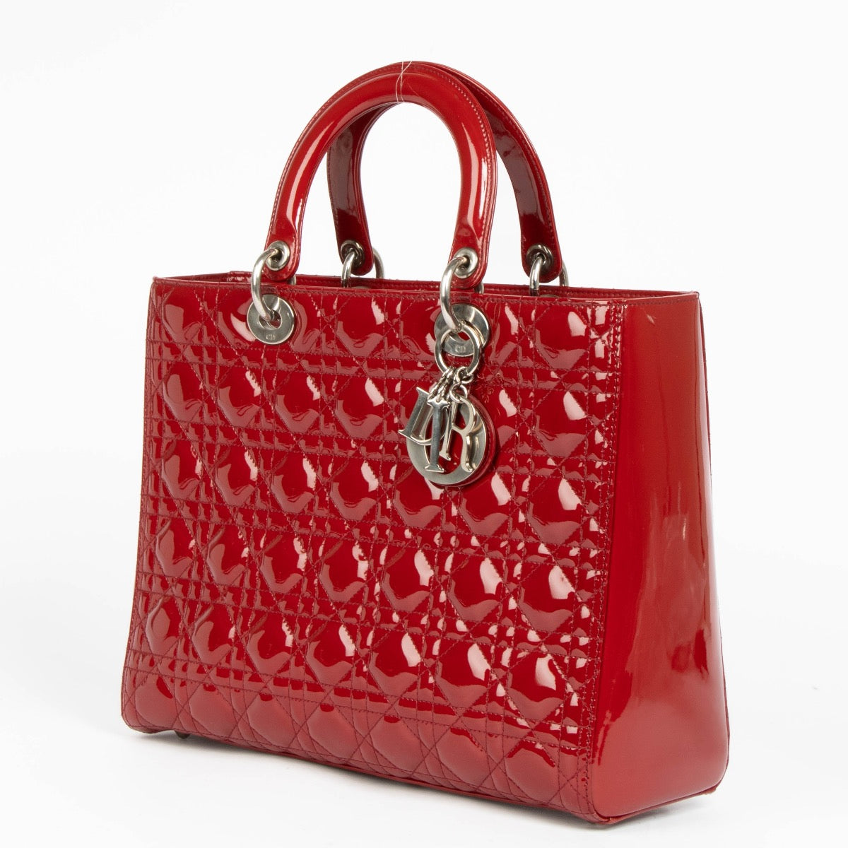Authentic pre-loved Christian Dior Red Patent Leather Large Lady Dior Top Handle Bag on Labellov.com