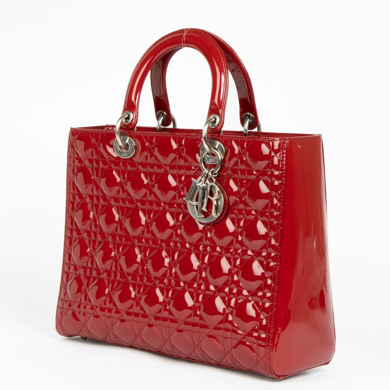 Authentic pre-loved Christian Dior Red Patent Leather Large Lady Dior Top Handle Bag on Labellov.com