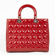 Authentic pre-loved Christian Dior Red Patent Leather Large Lady Dior Top Handle Bag on Labellov.com