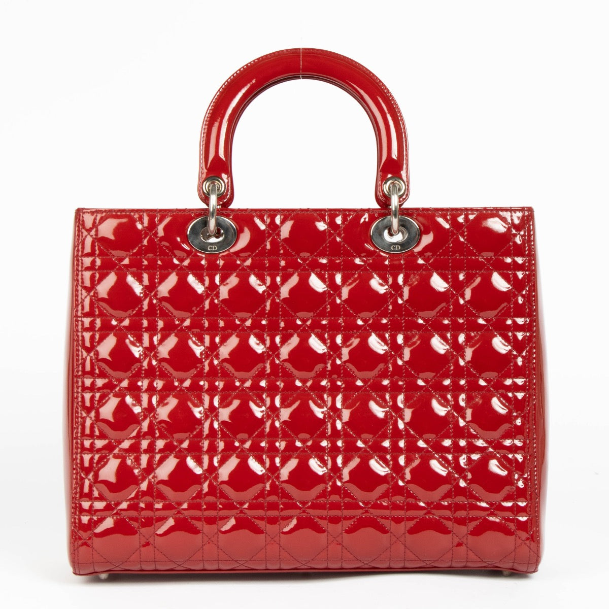 Authentic pre-loved Christian Dior Red Patent Leather Large Lady Dior Top Handle Bag on Labellov.com